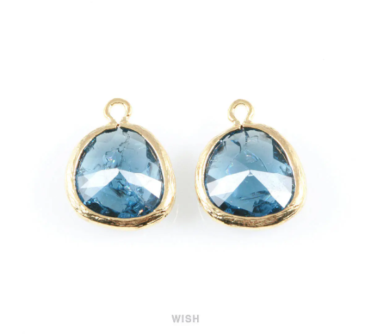 Montana Blue Sparkle Glass Charm in Gold, Framed Drop Glass Bead / GMBG-013-P
