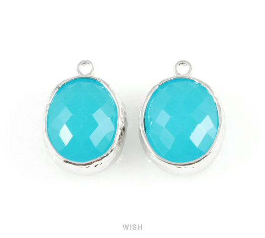 Ocean Blue Faceted Glass Charms in Rhodium, Framed Oval Pendant /GOBRH-009-P