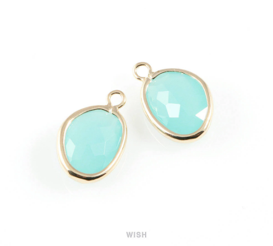 Ocean Blue Pear Glass Charm in Gold, Glass Framed Pendant/ GOBG-040-P