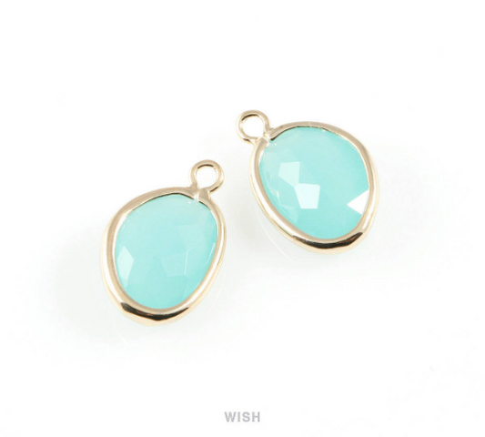 Ocean Blue Pear Glass Charm in Gold, Glass Framed Pendant/ GOBG-040-P