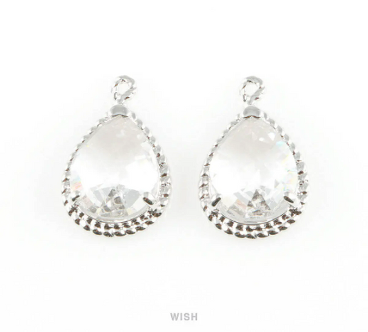 Clear Teardrop Glass Charm in Rhodium, Framed Drop Glass Gem/ GCLRH-006-P