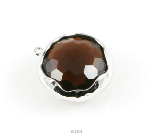 1 piece of Smoky Quartz Faceted Glass Charms in Rhodium, Framed Round Pendant/ GSQRH-011-P