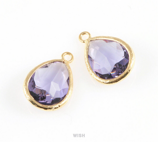 Amethyst Teardrop Glass Charm in Gold, Framed Drop Glass Gem / GTZG-005-P