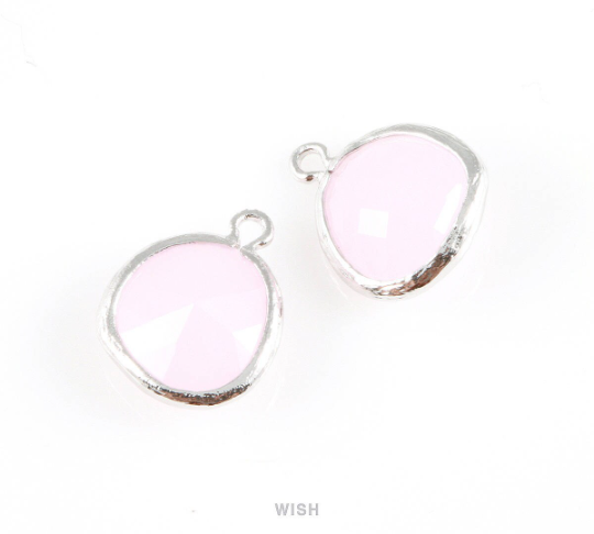 Rose Quartz Faceted Glass Charm in Rhodium, Framed Drop Glass Gem / GRQRH-004-P