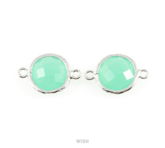 Mint faceted Glass Connector in Rhodium, Framed Round Glass Bead/ GMTRH-014-P