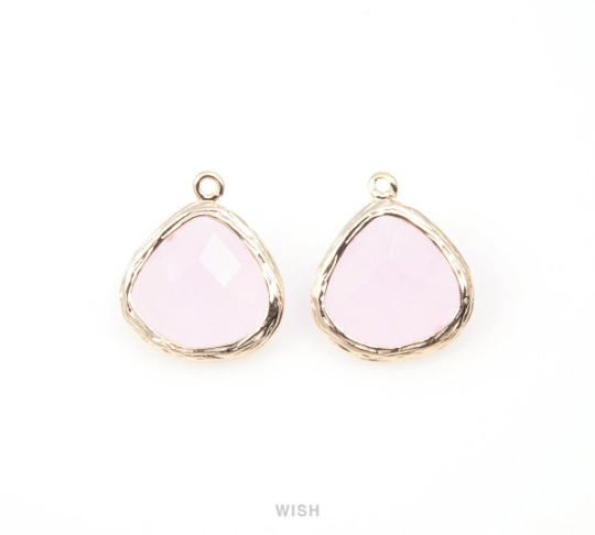 Rose Quartz Faceted Glass Drop Charm in Gold, Rose Quartz Charms / GRQG-036-P