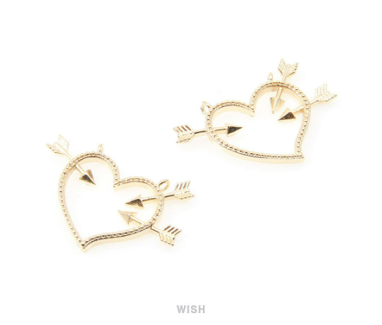 Cupid Hearts Pendants in Gold, Heart and Arrow Necklace Charm /MG-005-P