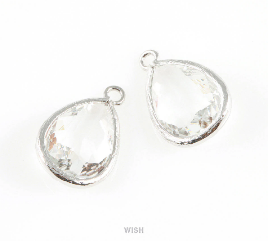 Clear Teardrop Glass Charm in Rhodium, Framed Drop Glass Gem / GCLRH-005-P