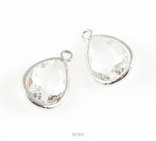 Clear Teardrop Glass Charm in Rhodium, Framed Drop Glass Gem / GCLRH-005-P