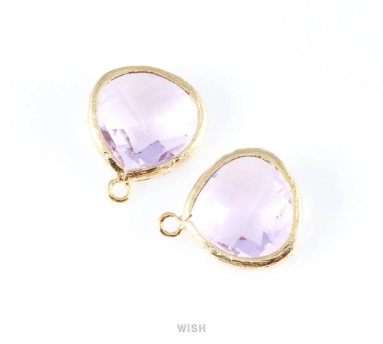 Light Amethyst Faceted Glass Charm in Gold, Framed Drop Glass Bead / GLDG-001-P (Large)