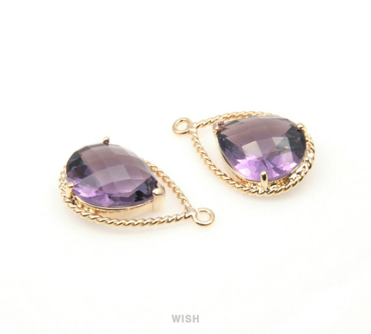 Amethyst Teardrop Glass Charm in Gold, Framed Drop Glass Gem /GTZG-094-P