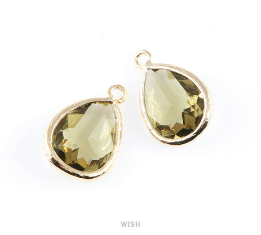 Olivine Teardrop Glass Charm in Gold, Framed Drop Glass Gem / GOVG-005-P