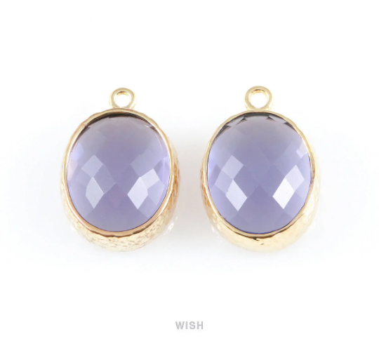 Amethyst Faceted Glass Charms in Gold, Framed Oval Pendant / GTZG-009-P