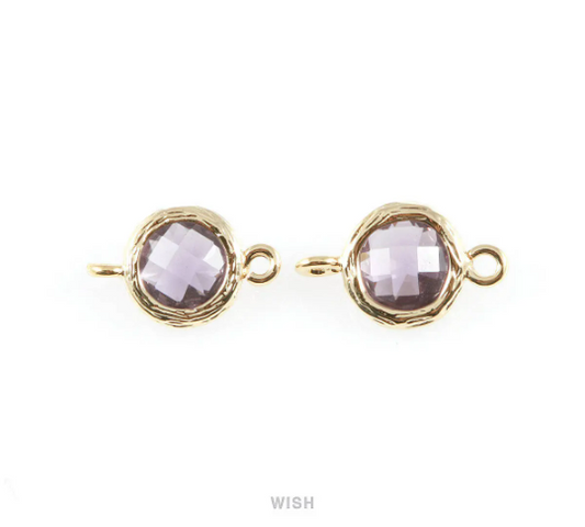 Amethyst faceted Glass Connector in Gold, Framed Round Glass Bead/ GTZG-015-P
