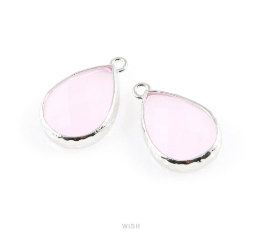 Rose Quartz Teardrop Glass Charm in Rhodium, Framed Drop Glass Gem / GRQRH-037-P
