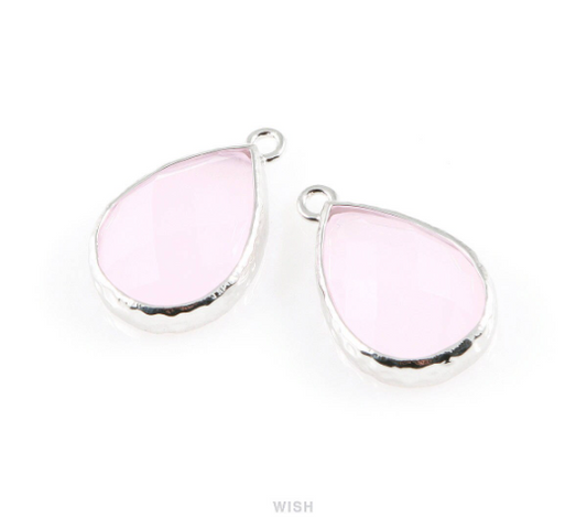 Rose Quartz Teardrop Glass Charm in Rhodium, Framed Drop Glass Gem / GRQRH-037-P