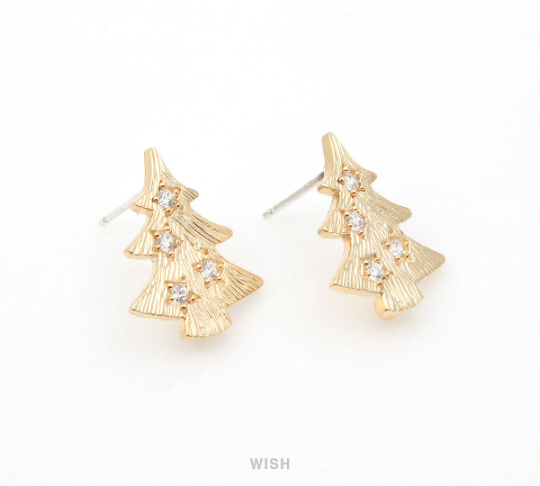 Christmas Tree with 4 Cubic Zirconia Stud Earrings in Matte Gold / MMG-252-E