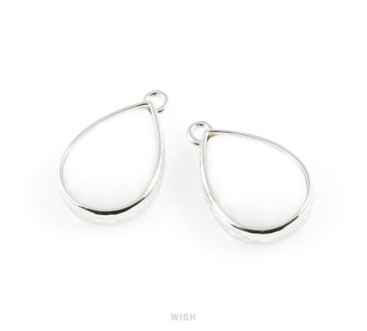 White Alabaster Teardrop Glass Charm in Rhodium, Framed Drop Glass Gem / GWARH-037-P
