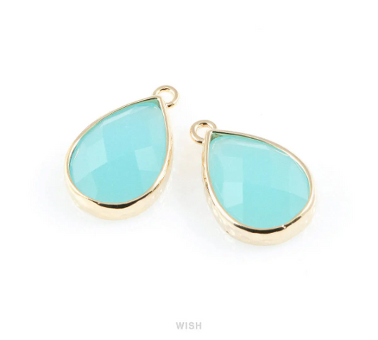 Ocean Blue Teardrop Glass Charm in Gold, Framed Drop Glass Gem / GOBG-037-P