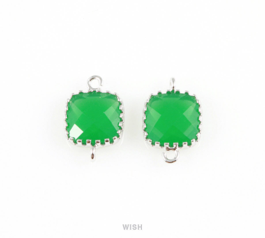 Palace Green Faceted Glass Connector in Rhodium, Framed Square Connector / GPGRH-007-P