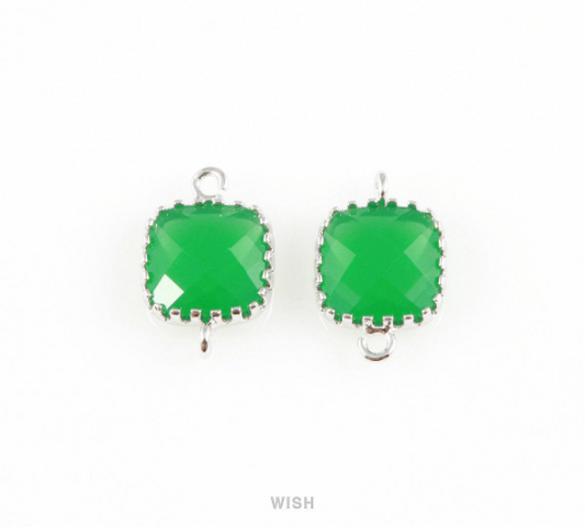 Palace Green Faceted Glass Connector in Rhodium, Framed Square Connector / GPGRH-007-P