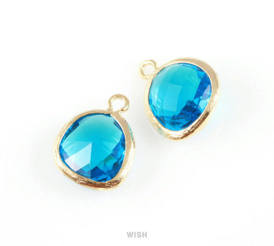 Capri Blue Faceted Glass Charm in Gold, Framed Drop Glass Gem / GCBG-004-P (Medium)