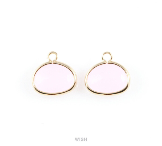 Rose Quartz Oval Glass Charm in Gold, Glass Framed Pendant / GRQG-039-P