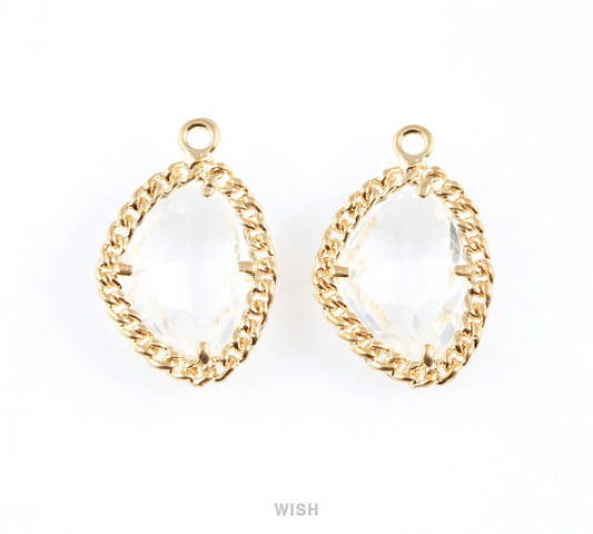 Clear Triangle Shape Pendants in Gold, Framed Triangle Charms / GCLG-034-P