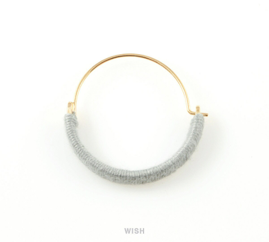 Gold Hoop Earrings and Light Gray Cotton Thread Wrapped /FLGG-019-E
