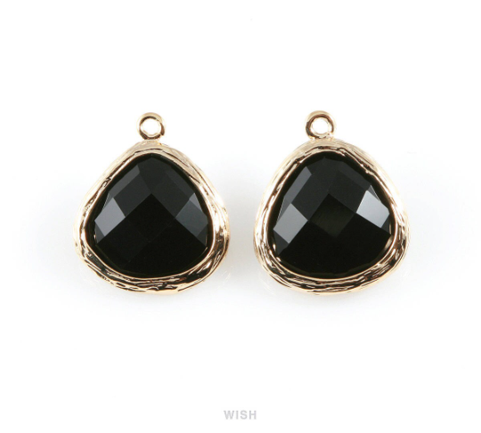 Jet Faceted Glass Charm in Gold, Framed Pendant / Birthstone / GJTG-036-P