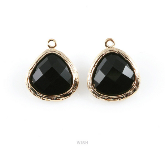 Jet Faceted Glass Charm in Gold, Framed Pendant / Birthstone / GJTG-036-P