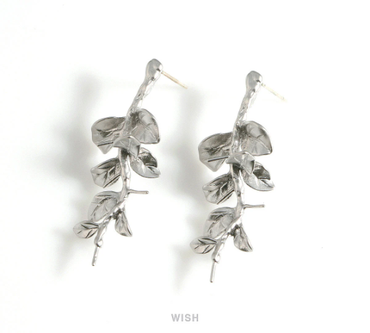 Branch and Leaves Stud Earrings in Matte Rhodium, Branch Stud Earrings / MMRH-589-E