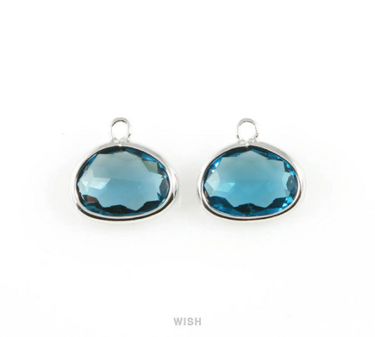 Montana Blue Oval Glass Charm in Rhodium, Glass Framed Pendant / GMBRH-039-P