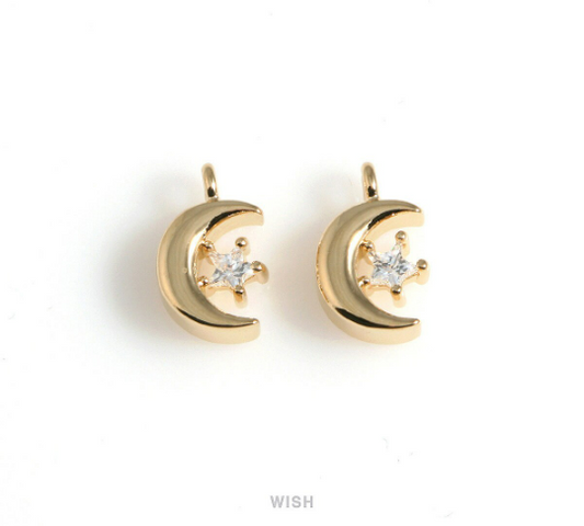 Crescent Charm with Star Cubic Zirconia in Gold, Celestial Charm /CG-081-P