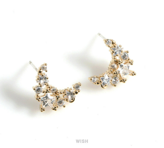 Star CZ in Crescent Stud Earrings in Gold, Celestial Stud Earrings / CG-082-E