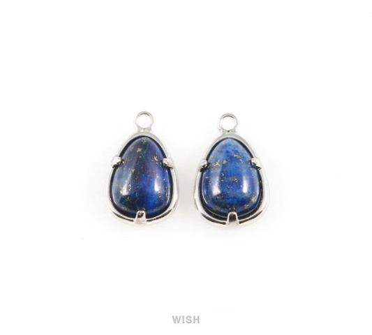 Lapis Lazuli Teardrop Stone Charm in Rhodium, Gemstone Framed Pendant / SLLRH-054-P