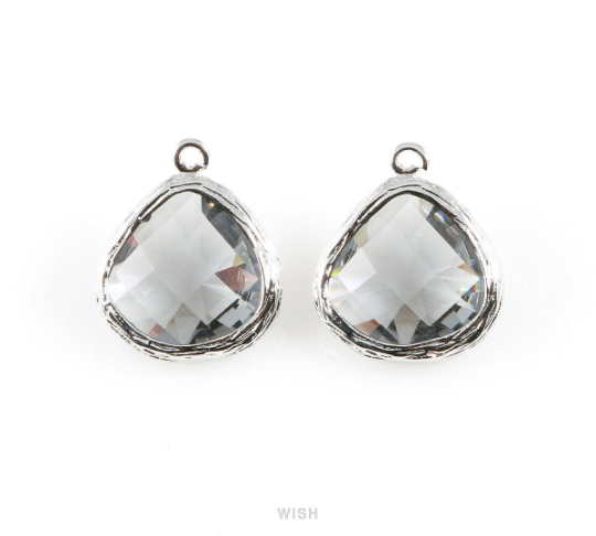 Gray Faceted Glass Charm in Rhodium, Framed Pendant / GGYRH-036-P