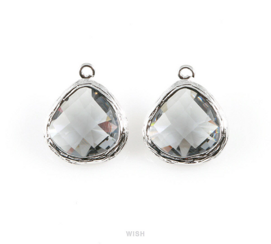 Gray Faceted Glass Charm in Rhodium, Framed Pendant / GGYRH-036-P