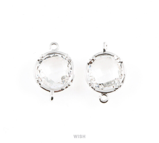 Clear Round Glass Connectors in Rhodium, Framed Glass Gem / GCLRH-018-P (Medium)