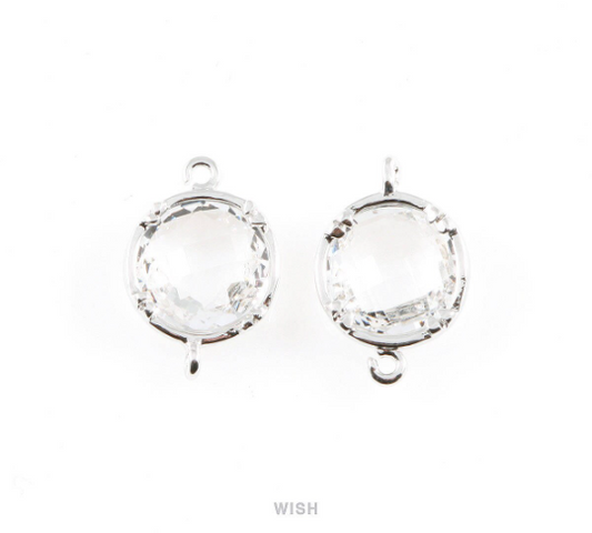 Clear Round Glass Connectors in Rhodium, Framed Glass Gem / GCLRH-018-P (Medium)