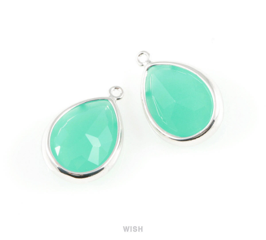 Mint Teardrop Glass Charm in Rhodium, Framed Drop Glass Gem / GMTRH-016-P