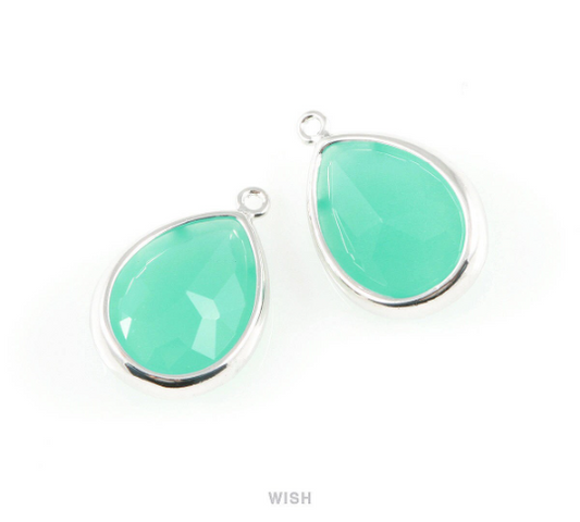 Mint Teardrop Glass Charm in Rhodium, Framed Drop Glass Gem / GMTRH-016-P