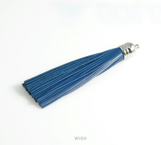 Navy Leather Tassel with Bell Cap in Rhodium, Navy Cowhide Tassel / LNVRH-006-T (1 piece)