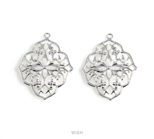 Floral Shield Pendants in Rhodium, Oriental Floral Charm / MRH-057-P