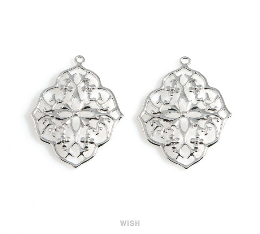 Floral Shield Pendants in Rhodium, Oriental Floral Charm / MRH-057-P