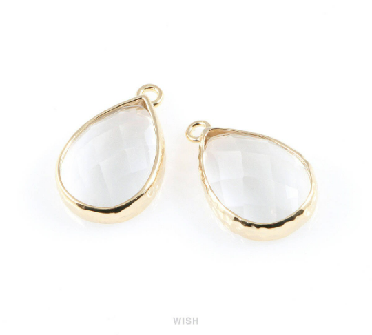 Clear Teardrop Glass Charm in Gold, Framed Drop Glass Gem/ GCLG-037-P