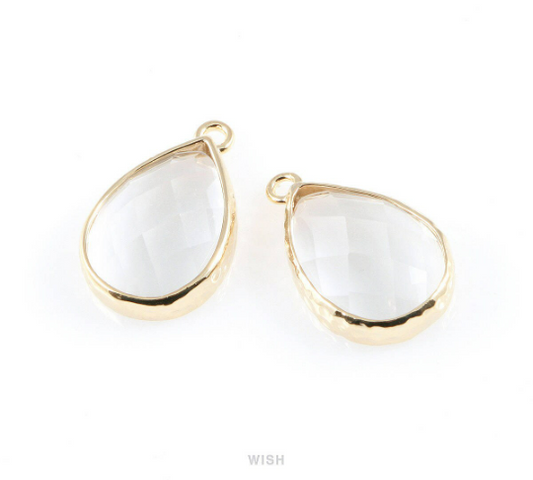 Clear Teardrop Glass Charm in Gold, Framed Drop Glass Gem/ GCLG-037-P