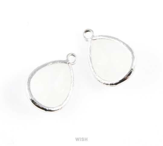 White Alabaster Teardrop Glass Charm in Rhodium, Framed Drop Glass Gem / GWARH-005-P