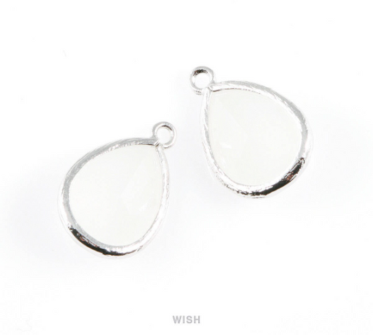 White Alabaster Teardrop Glass Charm in Rhodium, Framed Drop Glass Gem / GWARH-005-P