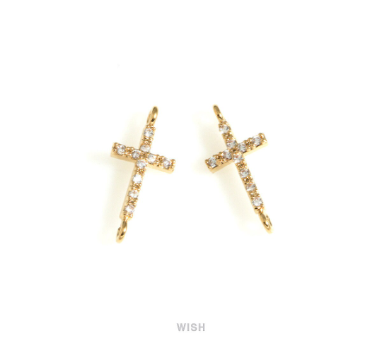 Cross Cubic Zirconia Charms in Gold, Cross Pendants with 10 Rhinestones / MG-723-P